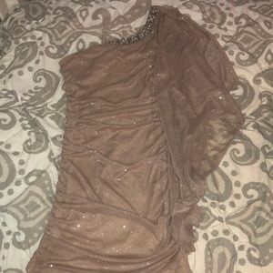 One shoulder tan dress